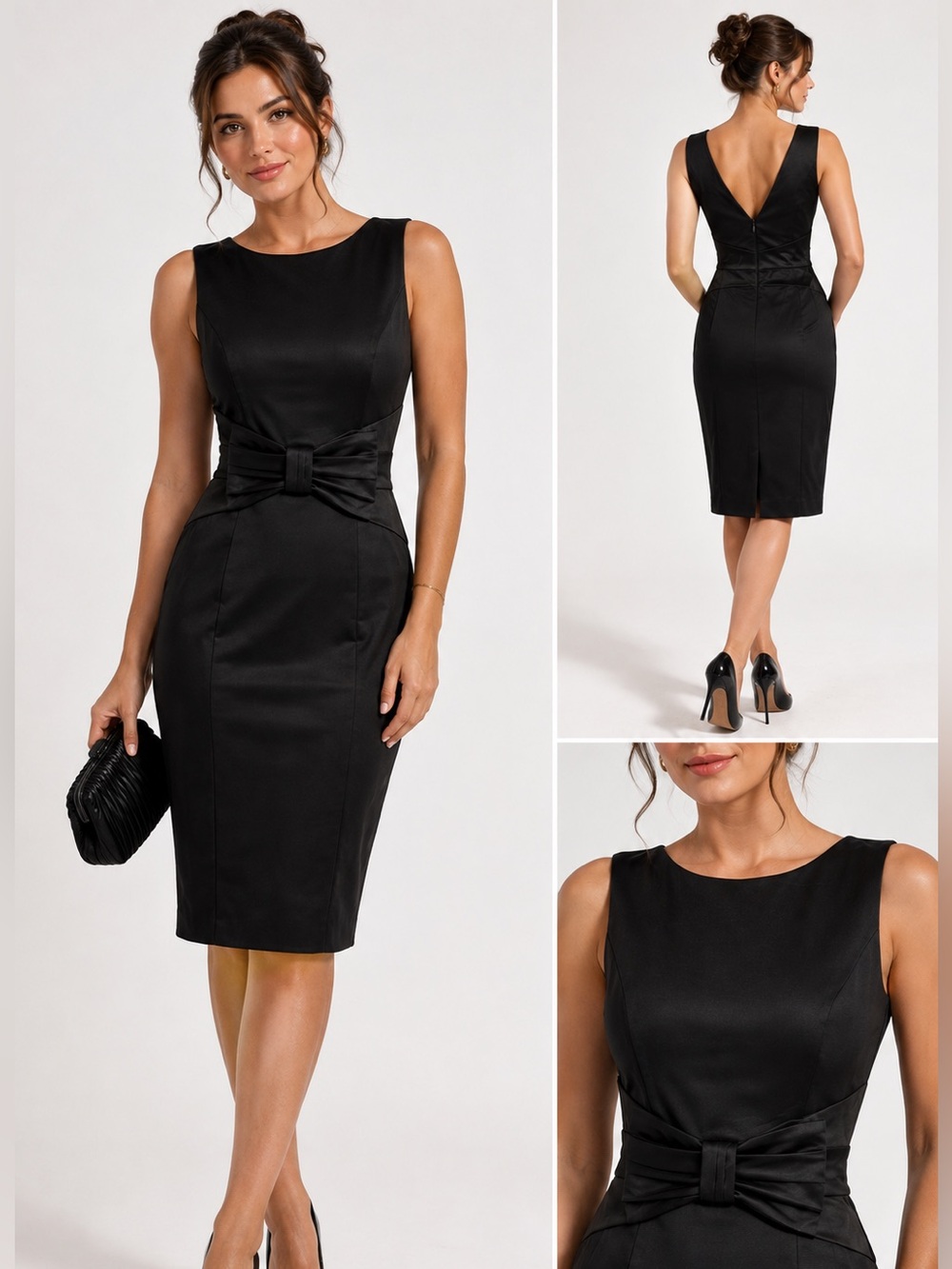 NWT White House Black Market Black Satin Bow Sheath Dress LBD Cocktail 2P